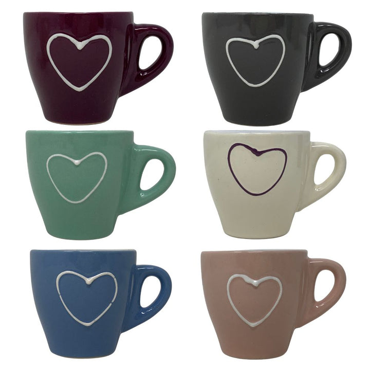 Set 6 tazzine da caffè colazione in porcellana colorate con fantasia cuore, misure 6cm x 6cm