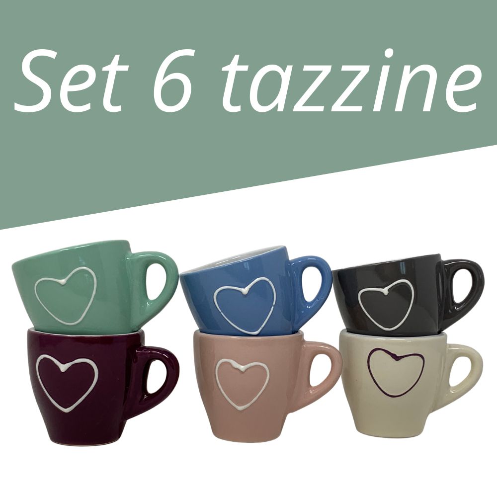 Set 6 tazzine da caffè colazione in porcellana alta qualità, colorate con fantasia cuore, misure 6cm x 6cm