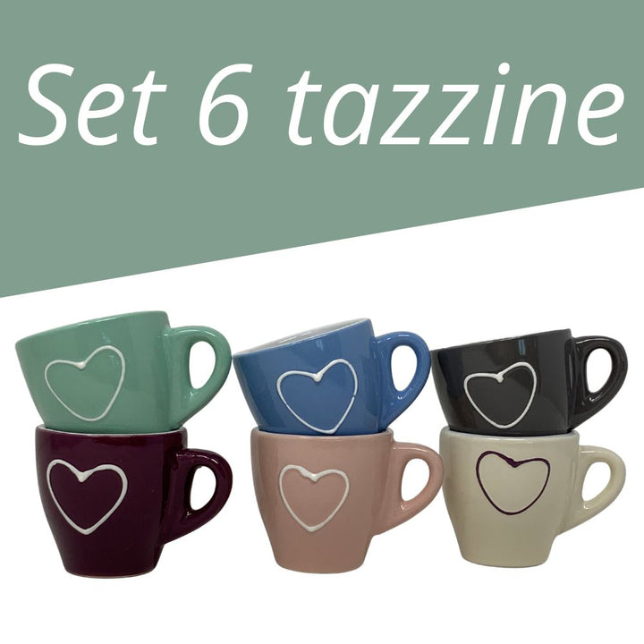 Set 6 tazzine da caffè colazione in porcellana alta qualità, colorate con fantasia cuore, misure 6cm x 6cm