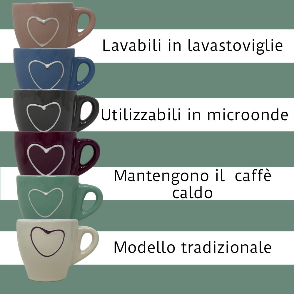 Set 6 tazzine da caffè in porcellana colorate con fantasia cuore, misure 6cm x 6cm, modello tradizionale