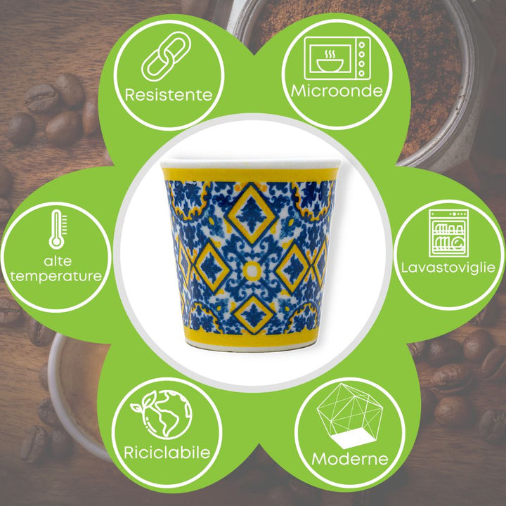 Set 6 tazzine caffè particolari, fantasia stile siciliano, misura 6cm x 6cm, capienza 60ml, moderne, riciclabili, resistenti ad alte temperature