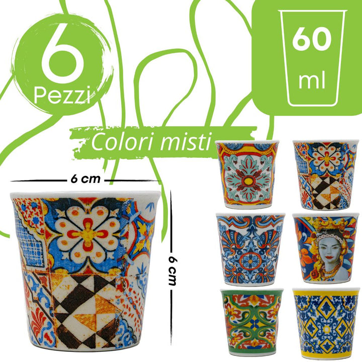 Set 6 tazzine caffè particolari, fantasia stile siciliano, misura 6cm x 6cm, capienza 60ml, colori misti