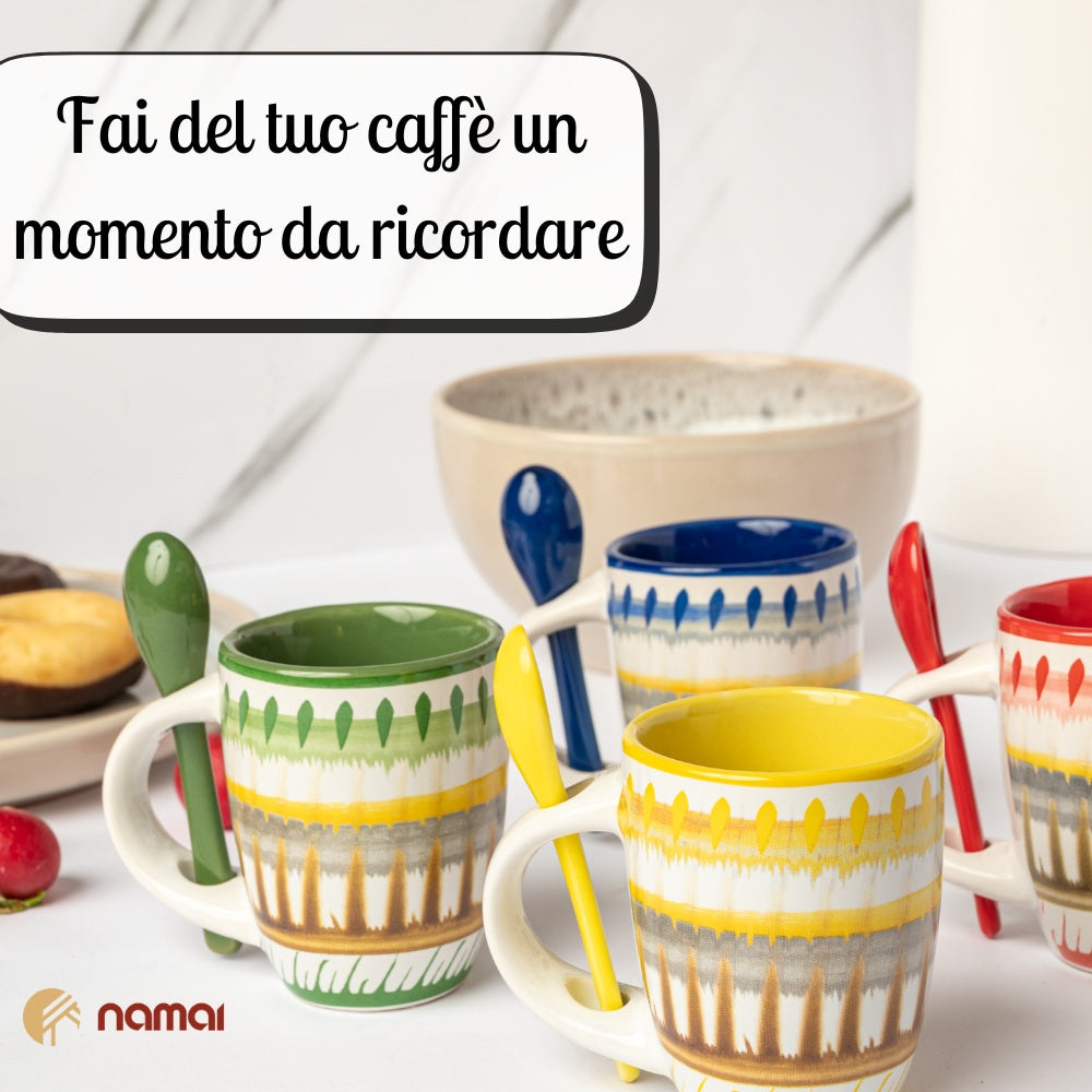 Set 4 Tazzine da Caffè con Cucchiaino 90 ml | Design Colorato e Vivace