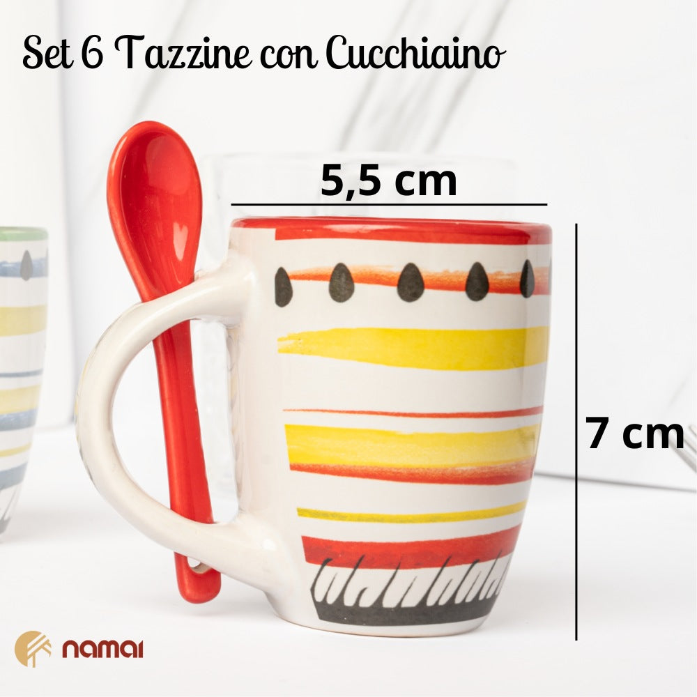Set 6 Tazzine da Caffè con Cucchiaino | Design Colorato e Allegro