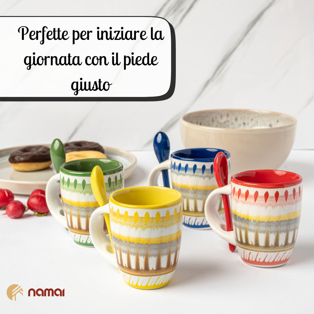 Set 4 Tazzine da Caffè con Cucchiaino 90 ml | Design Colorato e Vivace