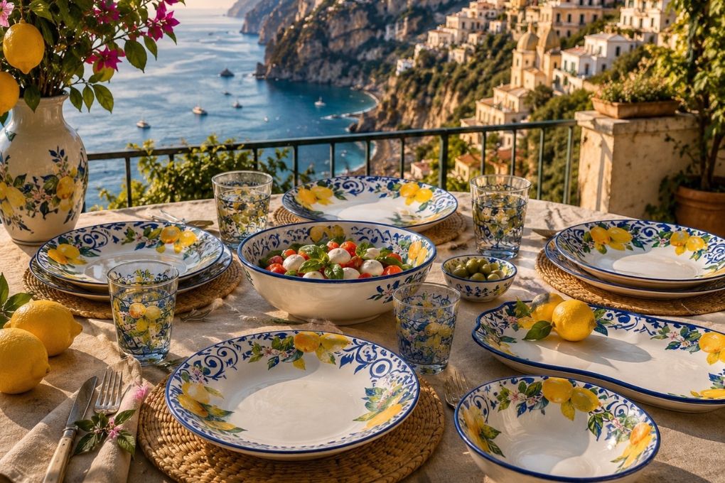 tavola apparecchiata con la collezione Maiori di Namai Casa su una terrazza affacciata sulla Costiera Amalfitana.