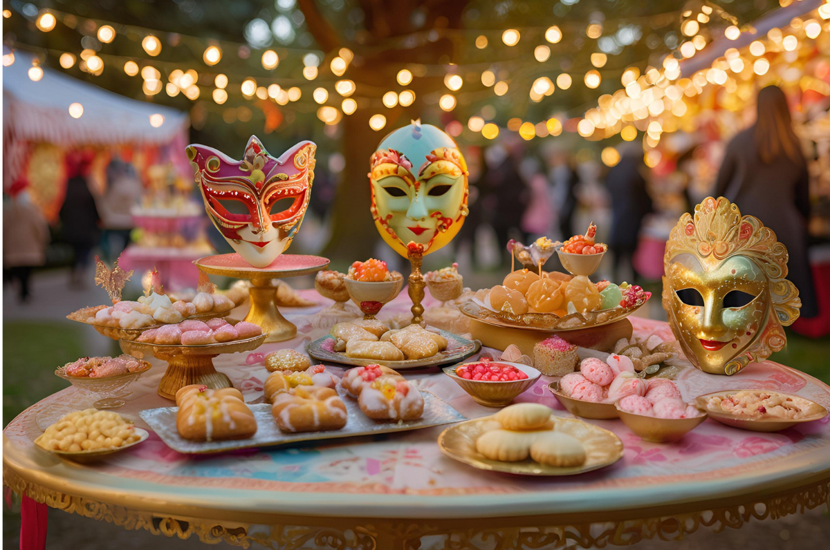 Immagine di festa con tavola imbandita con dolci e maschere carnevalesche