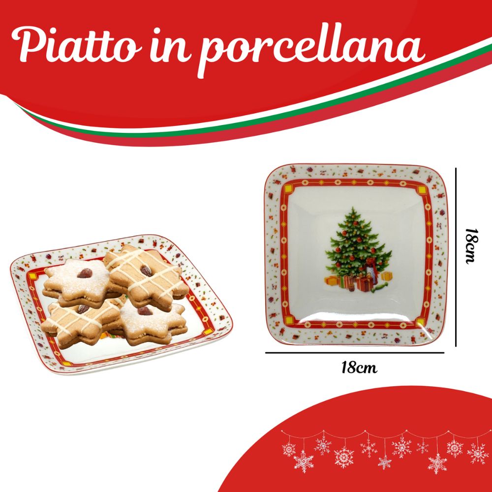 Piatto quadrato natalizio 18cm x 18cm, svuotatasche di natale in porcellana fantasia albero di natale