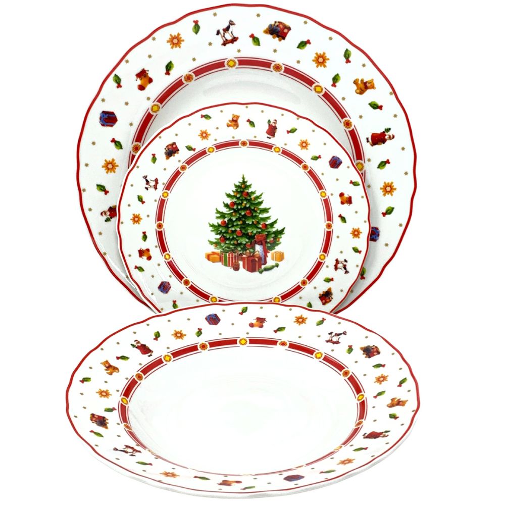 Servizio piatti natalizi 18 Pezzi in porcellana, 6 fondi 6 piani 6 piccoli bianchi con fantasia natale, albero di natale (33633530) (38867126)