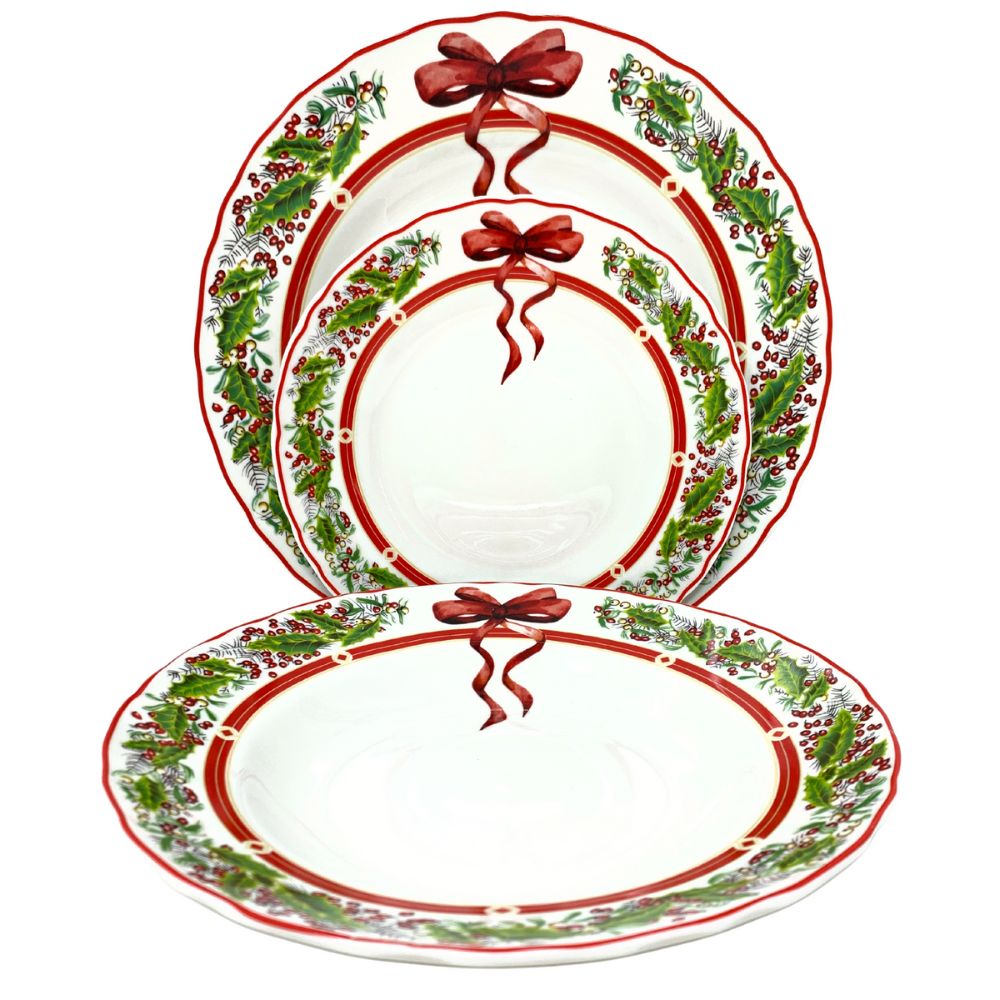 Servizio piatti natalizi 18 Pezzi, 6 fondi 6 piani 6 piccoli bianchi con fantasia natale, fiocco (33633552) (38867148)