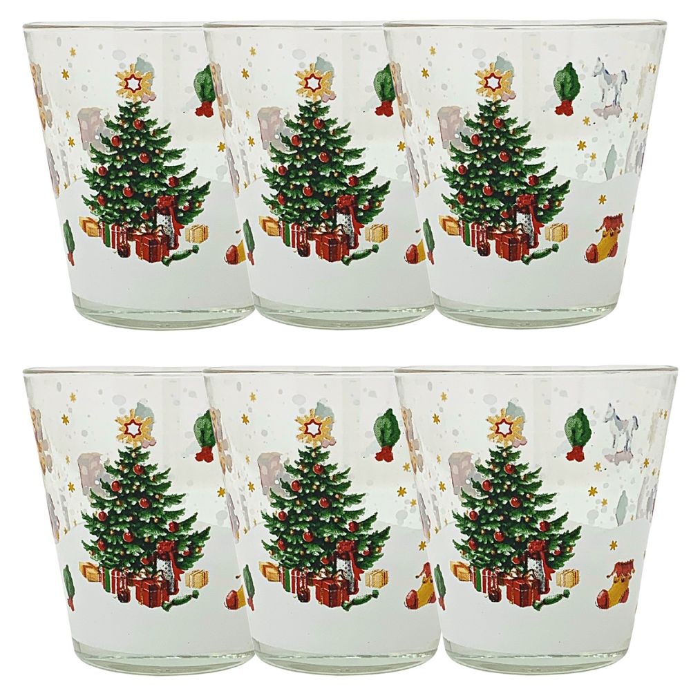 Set 6 bicchieri natalizi acqua in vetro, 27CL, bicchieri colorati acqua bibite, fantasia albero natale neve