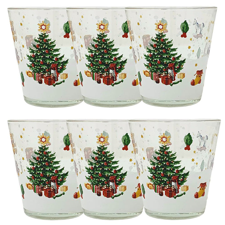 Set 6 bicchieri natalizi acqua in vetro, 27CL, bicchieri colorati acqua bibite, fantasia albero natale neve