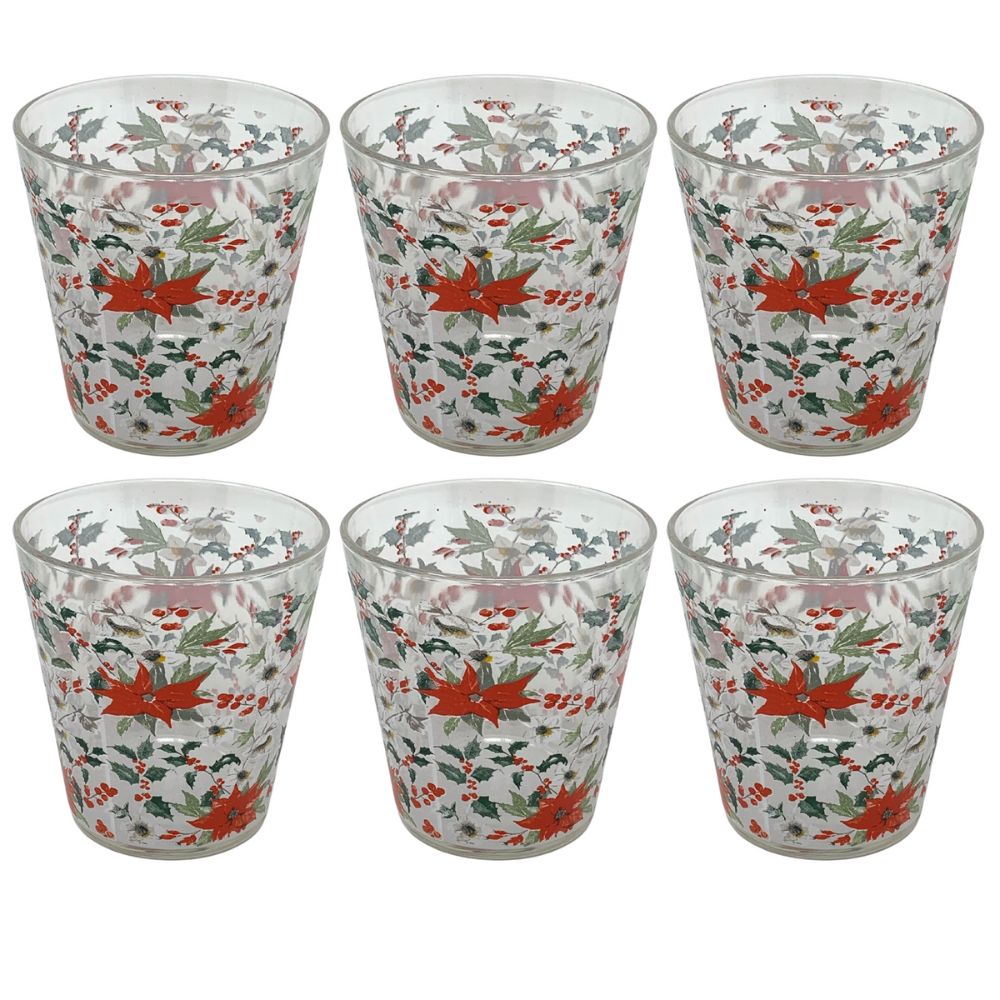 Set 6 bicchieri natalizi, bicchieri acqua vetro, 27CL, bicchieri colorati acqua fantasia vischio, lavabili in lavastoviglie, vetro riciclabile, Made In Italy, misura 8cm x 9cm, alta qualità