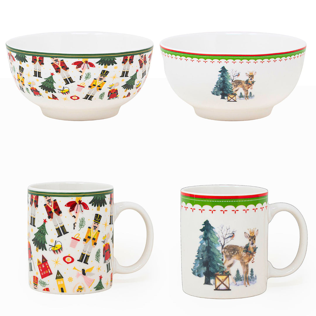 Set 2 Mug + 2 Ciotole 310 ml – Renne e Schiaccianoci | Colazioni in Festa