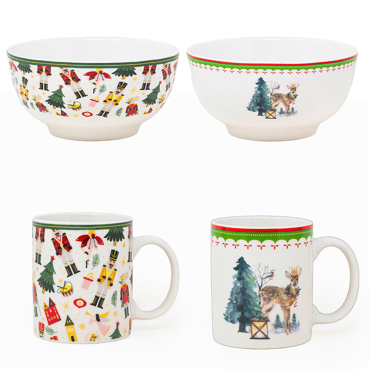 Set 2 Mug + 2 Ciotole 310 ml – Renne e Schiaccianoci | Colazioni in Festa