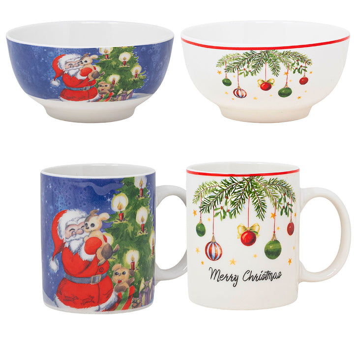 Set 2 Mug + 2 Ciotole 310 ml – Santa Claus + Vischio | Colazioni in Festa