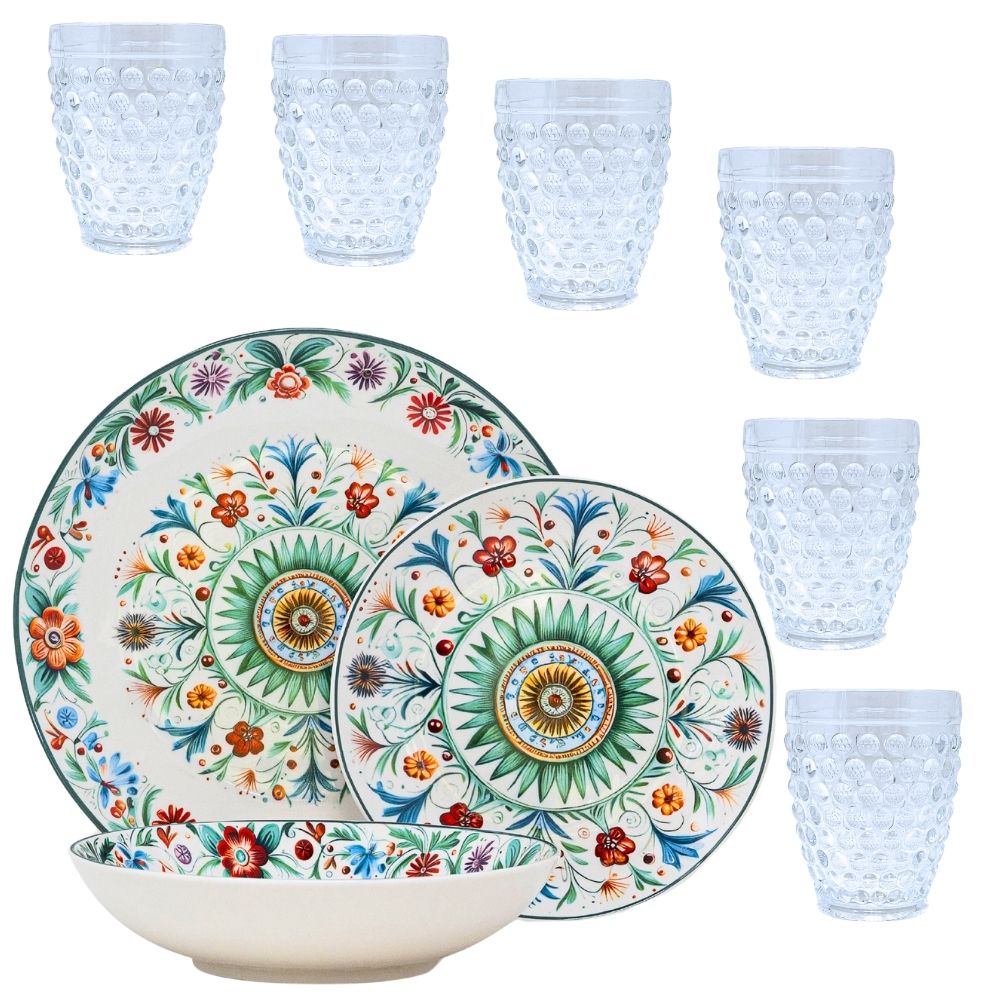 Servizio Piatti Millefiori 18 Pezzi + 6 Bicchieri Acqua | Stile Mediterraneo e Gioia a Tavola