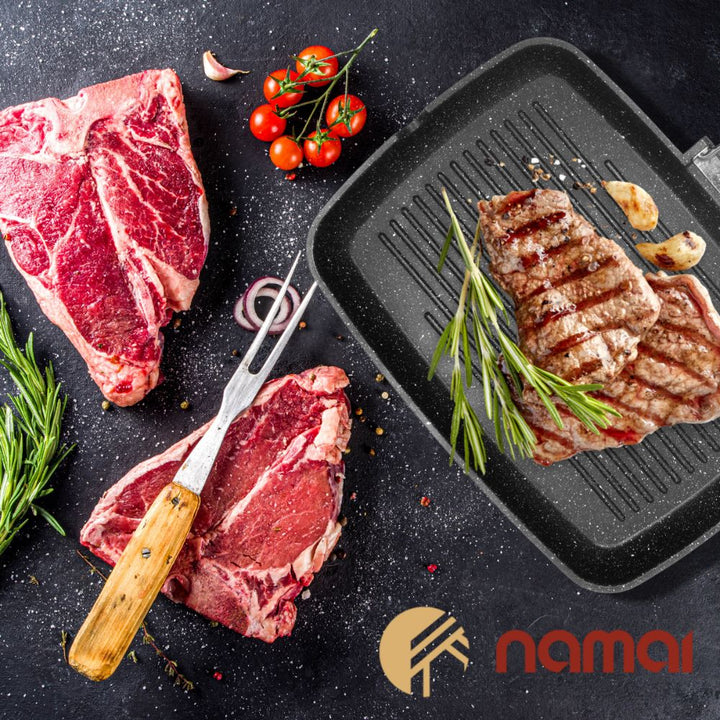 Padella antiaderente a griglia rettangolare con manico per cucinare carne e tostare pane