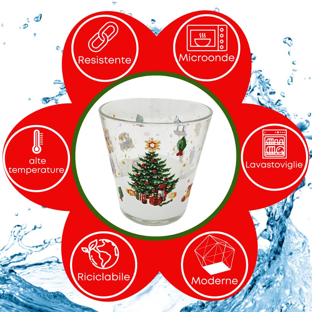 Set 6 bicchieri natalizi acqua in vetro, 27CL, bicchieri colorati acqua bibite, fantasia albero natale. Riciclabile, moderne, resistente ad alte temperature e lavastoviglie