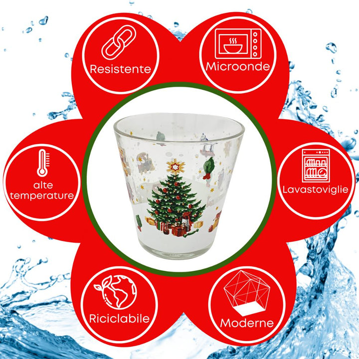 Set 6 bicchieri natalizi acqua in vetro, 27CL, bicchieri colorati acqua bibite, fantasia albero natale. Riciclabile, moderne, resistente ad alte temperature e lavastoviglie