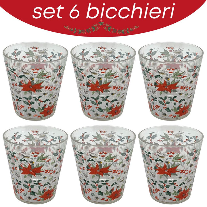 Set 6 bicchieri natalizi, bicchieri acqua vetro, 270ml, bicchieri colorati acqua fantasia vischio, lavabili in lavastoviglie, vetro riciclabile, Made In Italy, misura 8cm x 9cm