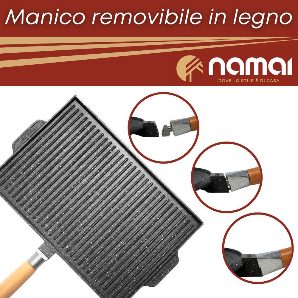 Padella piastra antiaderente rettangolare con fondo griglia grande, con manico rimovibile in legno (33632782) (38866089)