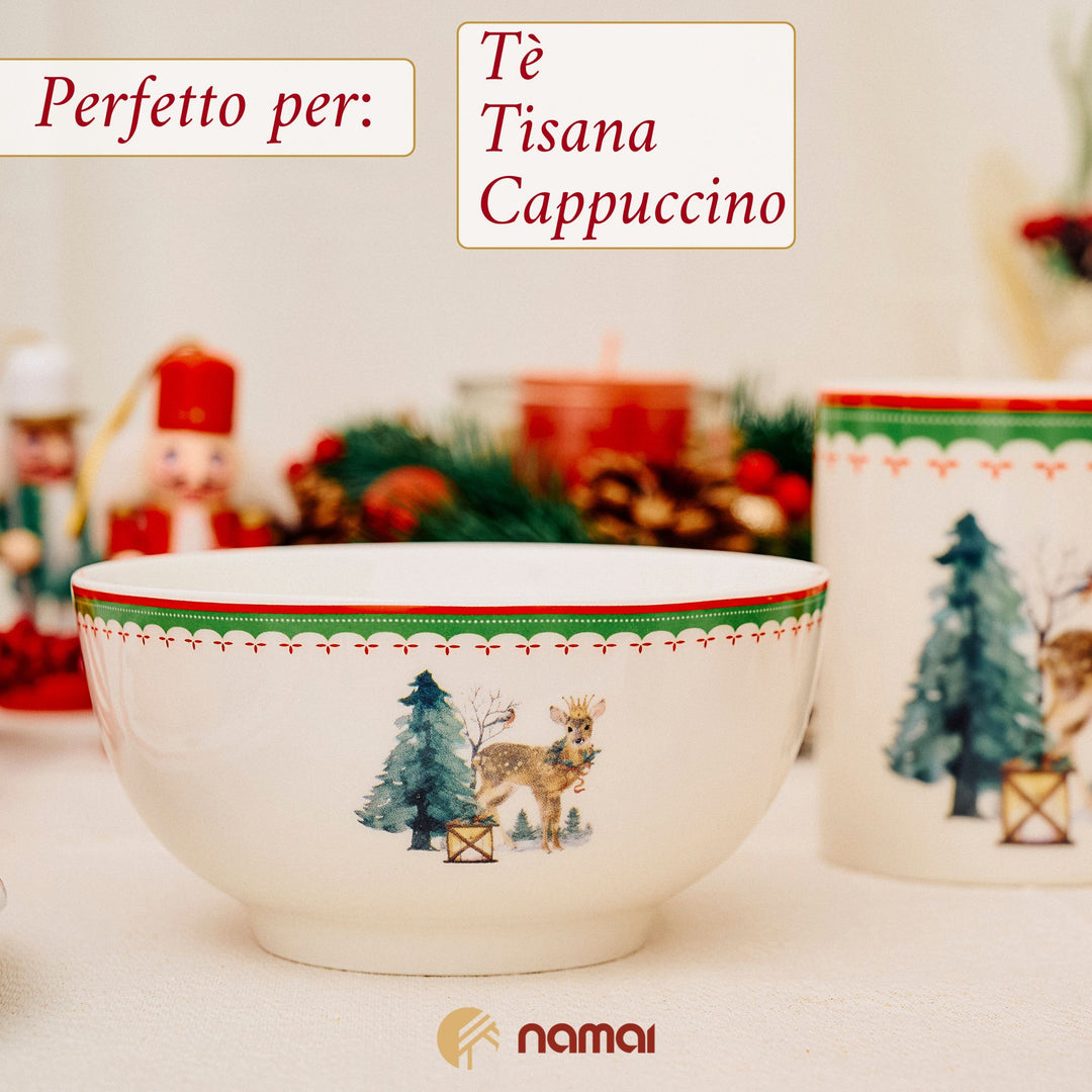 Set 2 Mug + 2 Ciotole 310 ml – Renne e Schiaccianoci | Colazioni in Festa