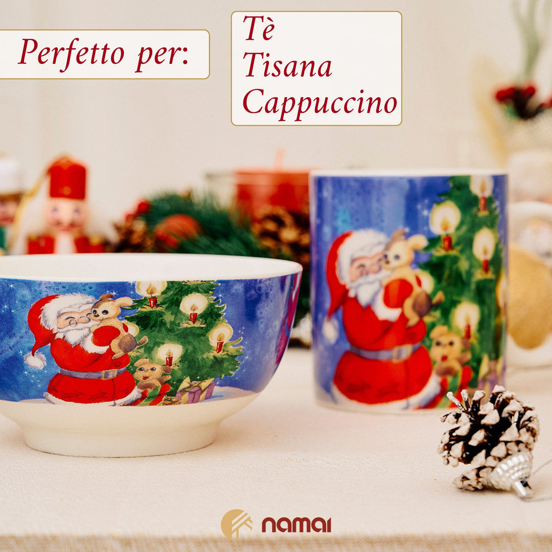 Set 2 Mug + 2 Ciotole 310 ml – Santa Claus + Vischio | Colazioni in Festa