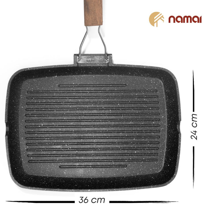 Padella antiaderente rettangolare 24cm x 36 cm, colore nero, fondo griglia, per carne, pesce, verdure pane. Cucina senza grasso. Manico in legno pieghevole.