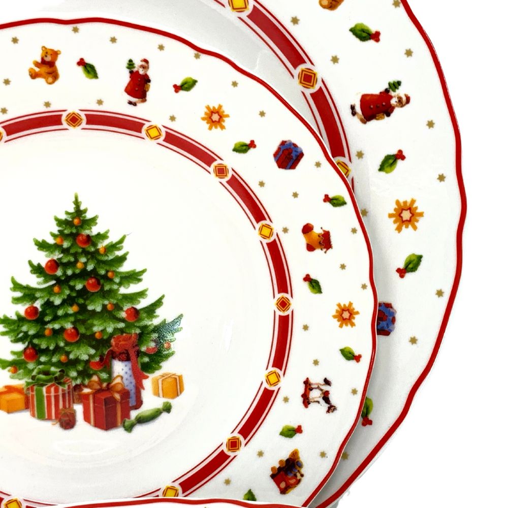 Servizio piatti natalizi 18 Pezzi, 6 fondi 6 piani 6 piccoli bianchi con fantasia natale, albero di natale con regali, porcellana alta qualità