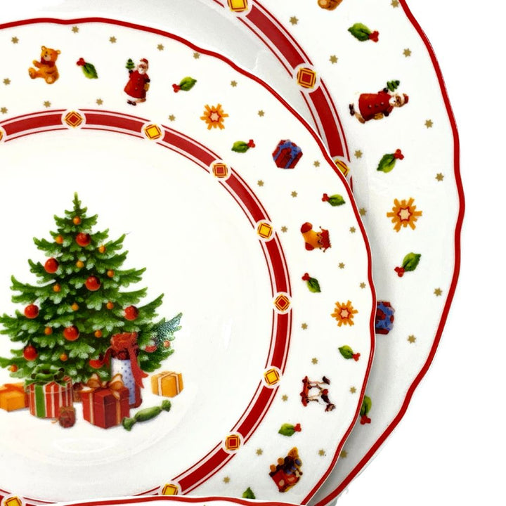 Servizio piatti natalizi 18 Pezzi, 6 fondi 6 piani 6 piccoli bianchi con fantasia natale, albero di natale con regali, porcellana alta qualità