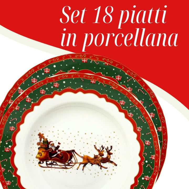Servizio piatti natalizi 18 pezzi in porcellana bianca, 6 fondi 6 piani 6 piccoli, fantasia babbo natale con la slitta e le renne, decorazione natalizia