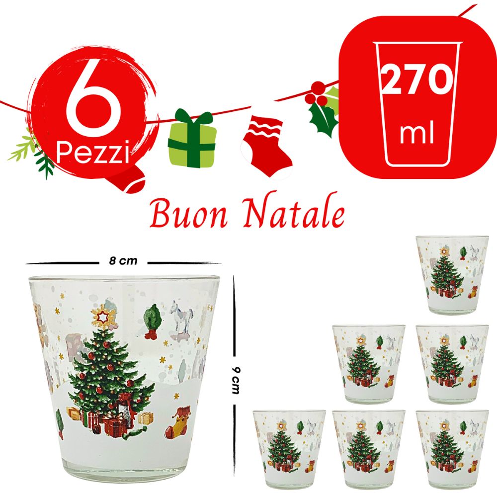 Set 6 bicchieri natalizi acqua in vetro, 27CL, bicchieri colorati acqua bibite, fantasia albero natale. Misure 8cm x 9cm