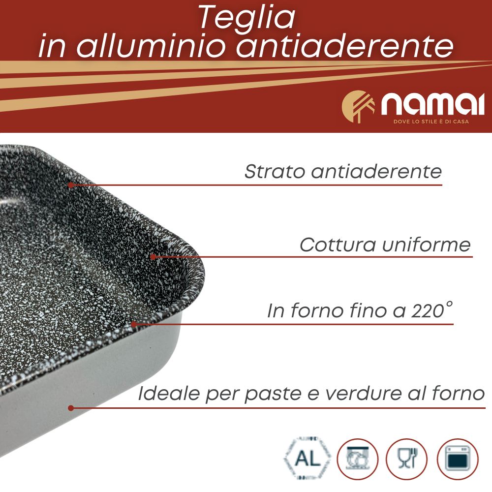 Teglia forno classica antiaderente in alluminio, lasagnera, per lasagne, cottura uniforme, in forno fino a 220 gradi, ideale per paste e verdure al forno