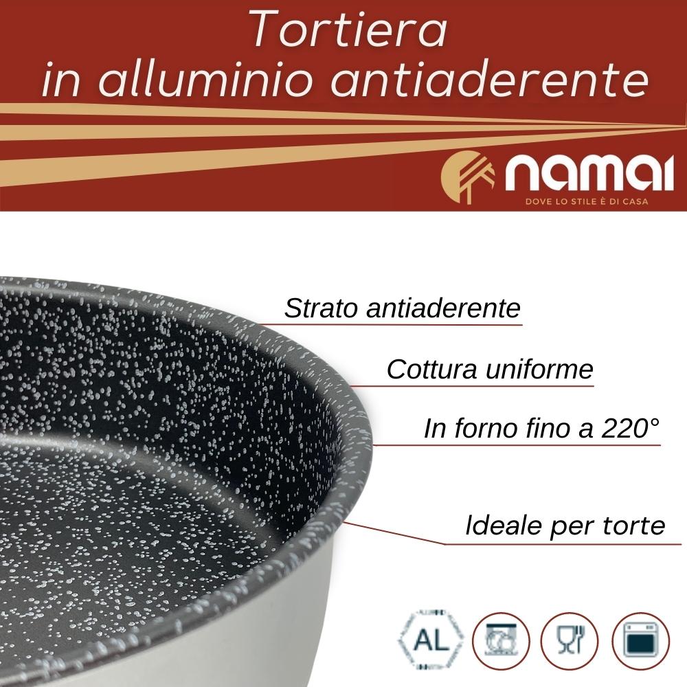 Tortiera in alluminio antiaderente cottura perfetta uniforme, in forno fino a 220 gradi, ideale per torte rotonde.