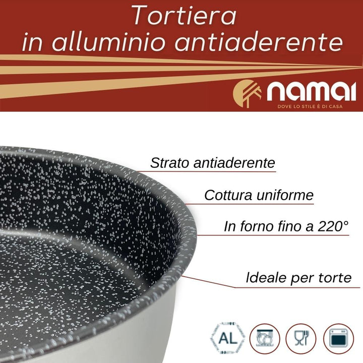 Tortiera in alluminio antiaderente cottura perfetta uniforme, in forno fino a 220 gradi, ideale per torte rotonde.