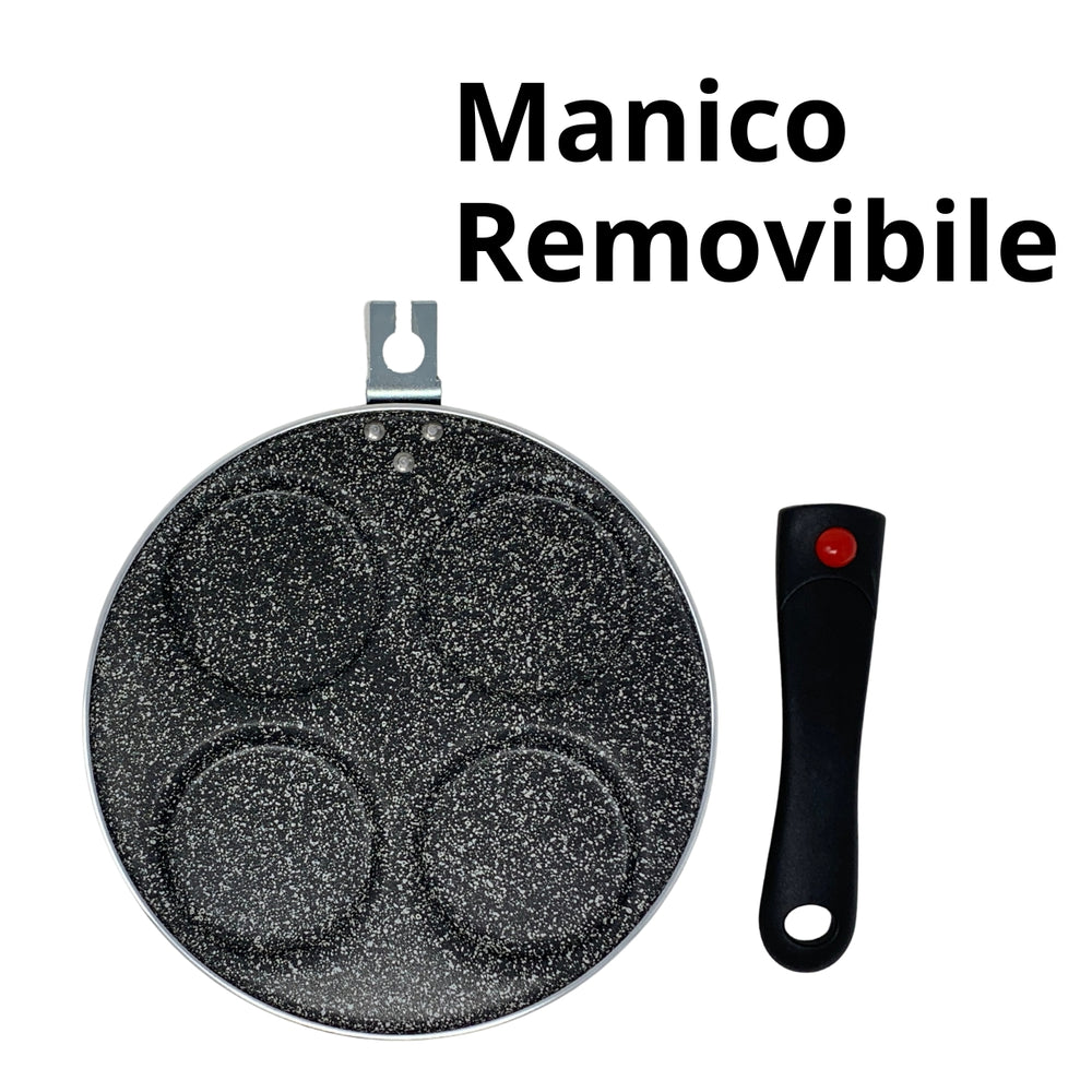 Padella per pancakes antiaderente con 4 Stampi da 9 cm, rettifica antiscivolo. Misura 40cm x 23 cm. Made In Italy, qualità italiana. Con manico rimovibile.