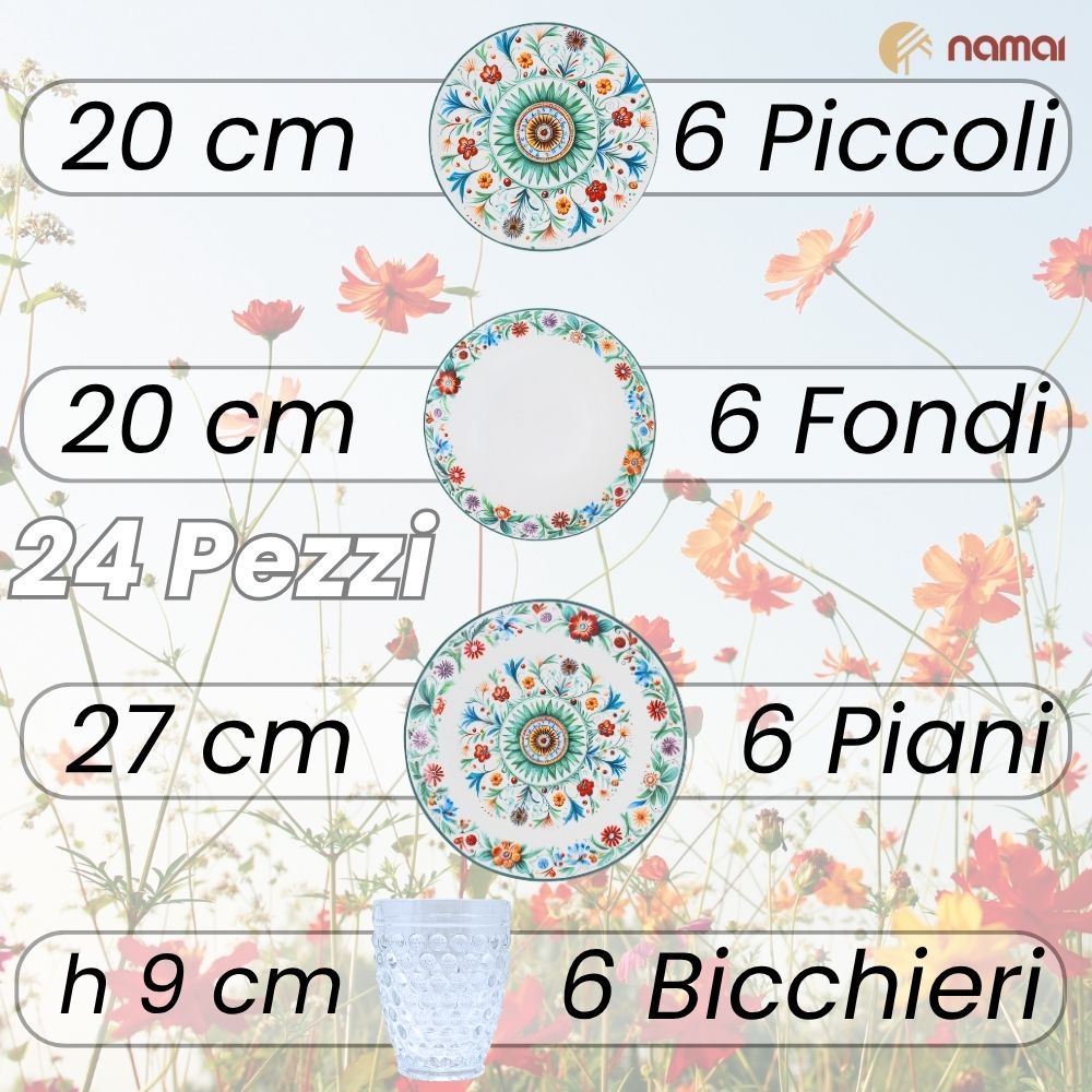 Servizio Piatti Millefiori 18 Pezzi + 6 Bicchieri Acqua | Stile Mediterraneo e Gioia a Tavola