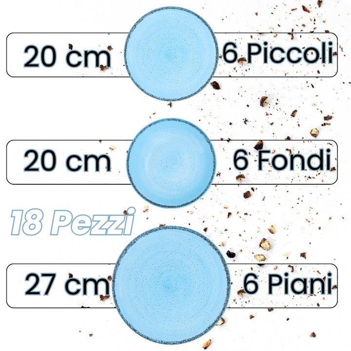 Servizio Piatti 18 Pezzi in Porcellana – Celeste con Effetto Granuli | Collezione Pepper