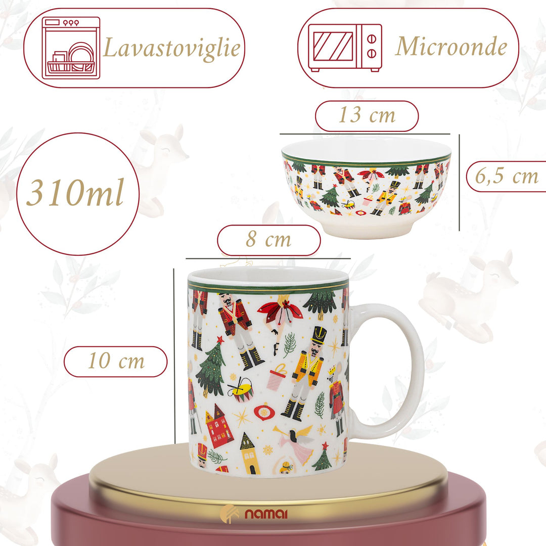 Set 2 Mug + 2 Ciotole 310 ml – Renne e Schiaccianoci | Colazioni in Festa