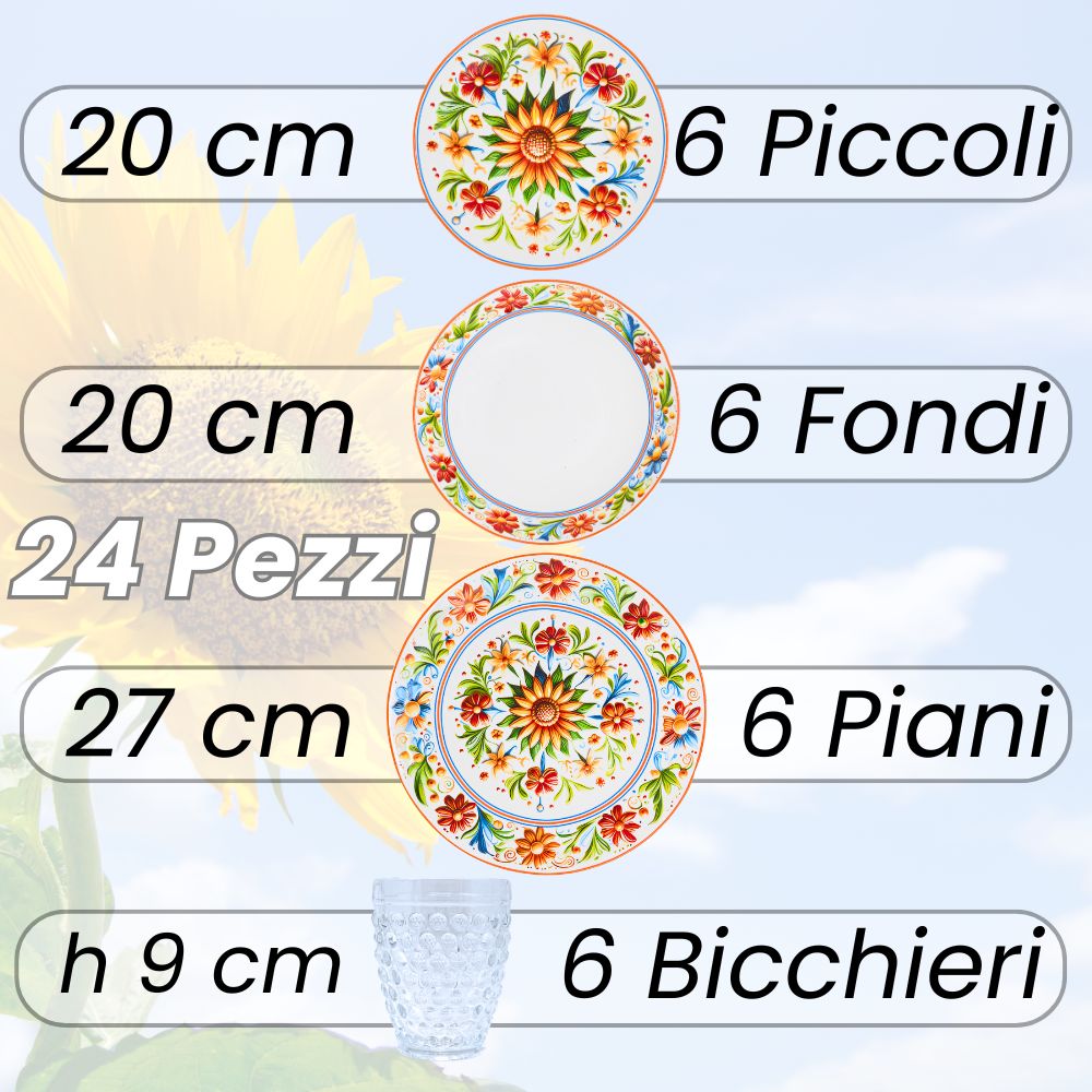 Servizio Piatti Sunflower 18 Pezzi + 6 Bicchieri Acqua | Stile Mediterraneo e Gioia a Tavola
