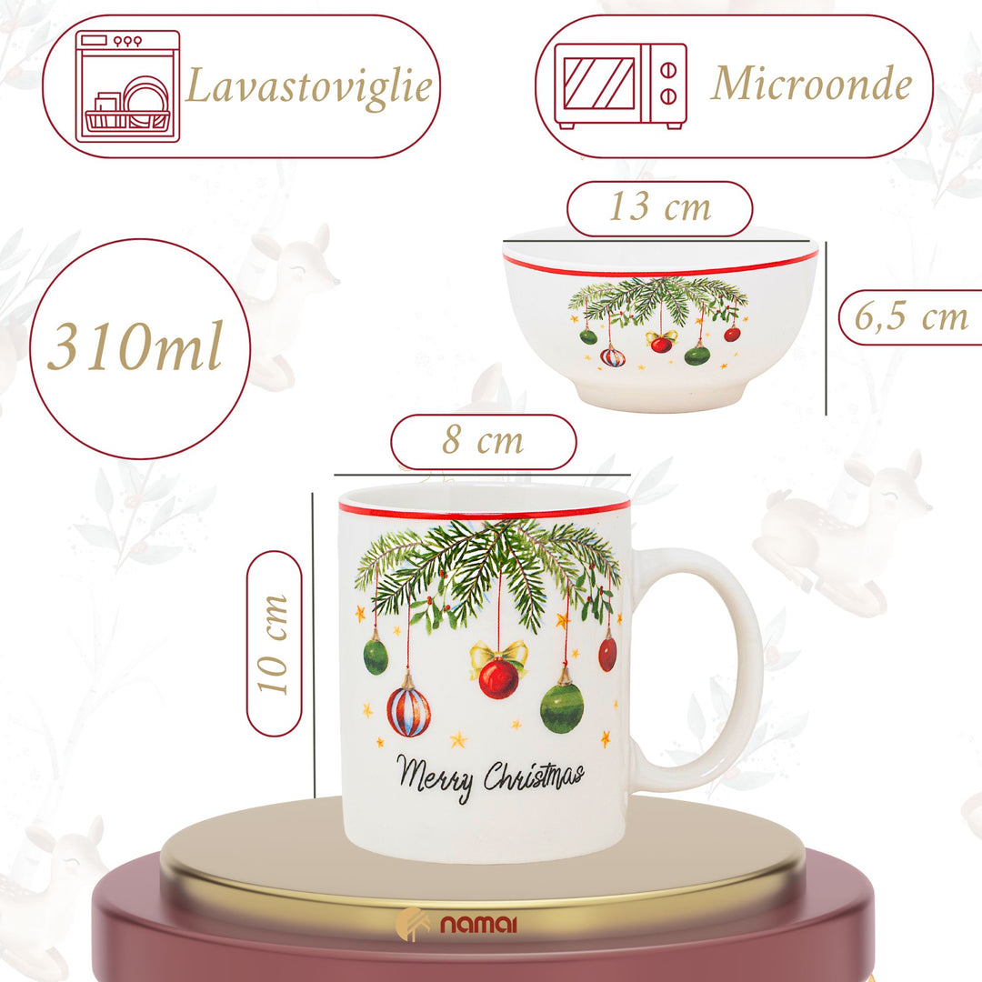 Set 2 Mug + 2 Ciotole 310 ml – Santa Claus + Vischio | Colazioni in Festa