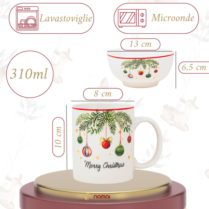Set 2 Mug + 2 Ciotole 310 ml – Santa Claus + Vischio | Colazioni in Festa