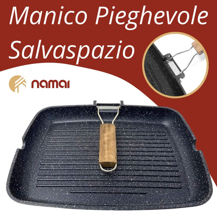 Padella antiaderente rettangolare con fondo a righe griglia, colore nero, per carne, pesce, verdure, pane. Manico pieghevole in legno