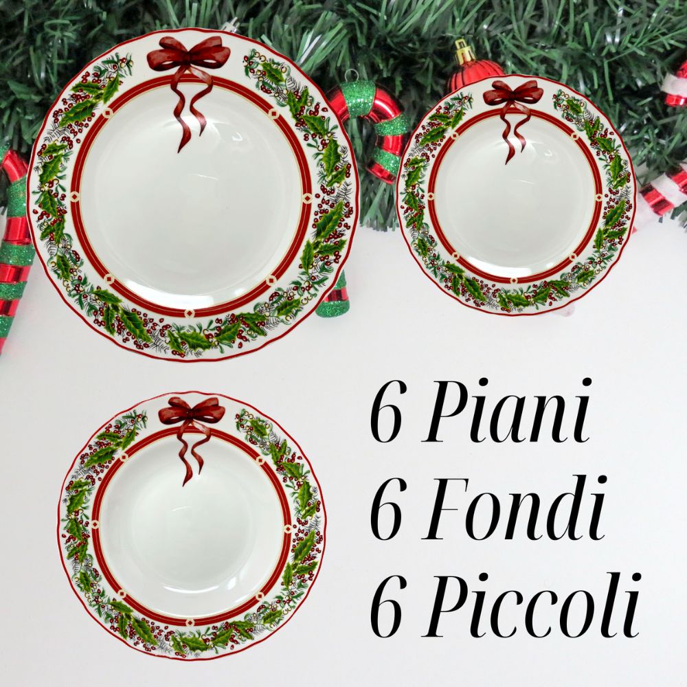 Servizio piatti natalizi 18 Pezzi porcellana, 6 fondi 6 piani 6 piccoli bianchi con fantasia natale, fiocco