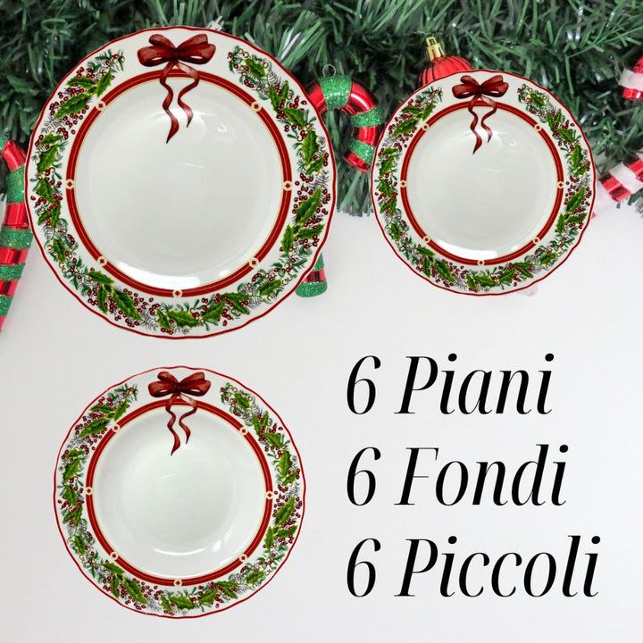 Servizio piatti natalizi 18 Pezzi porcellana, 6 fondi 6 piani 6 piccoli bianchi con fantasia natale, fiocco