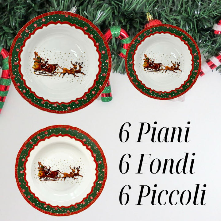 Servizio piatti natalizi 18 pezzi in porcellana bianca, 6 fondi 6 piani 6 piccoli, fantasia babbo natale con la slitta e le renne, addobbi per la tavola