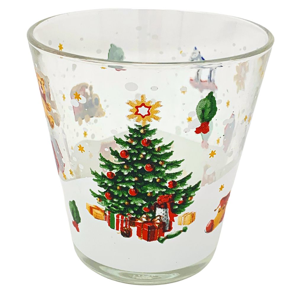 Set 6 bicchieri natalizi acqua in vetro, 27CL, bicchieri colorati acqua bibite, fantasia albero natale regali. Riciclabile, moderne, resistenti ad alte temperature e lavastoviglie