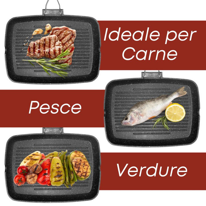 Padella antiaderente per carne, pesce, verdure, pane colore nera fondo griglia forma rettangolare
