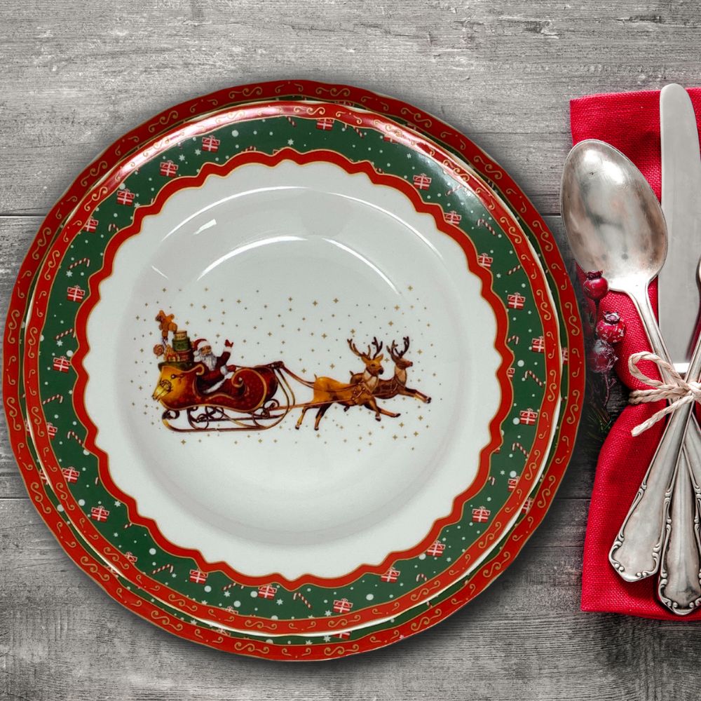 Servizio piatti natalizi 18 pezzi in porcellana bianca, 6 fondi 6 piani 6 piccoli, fantasia babbo natale con la slitta e le renne, tavola natale